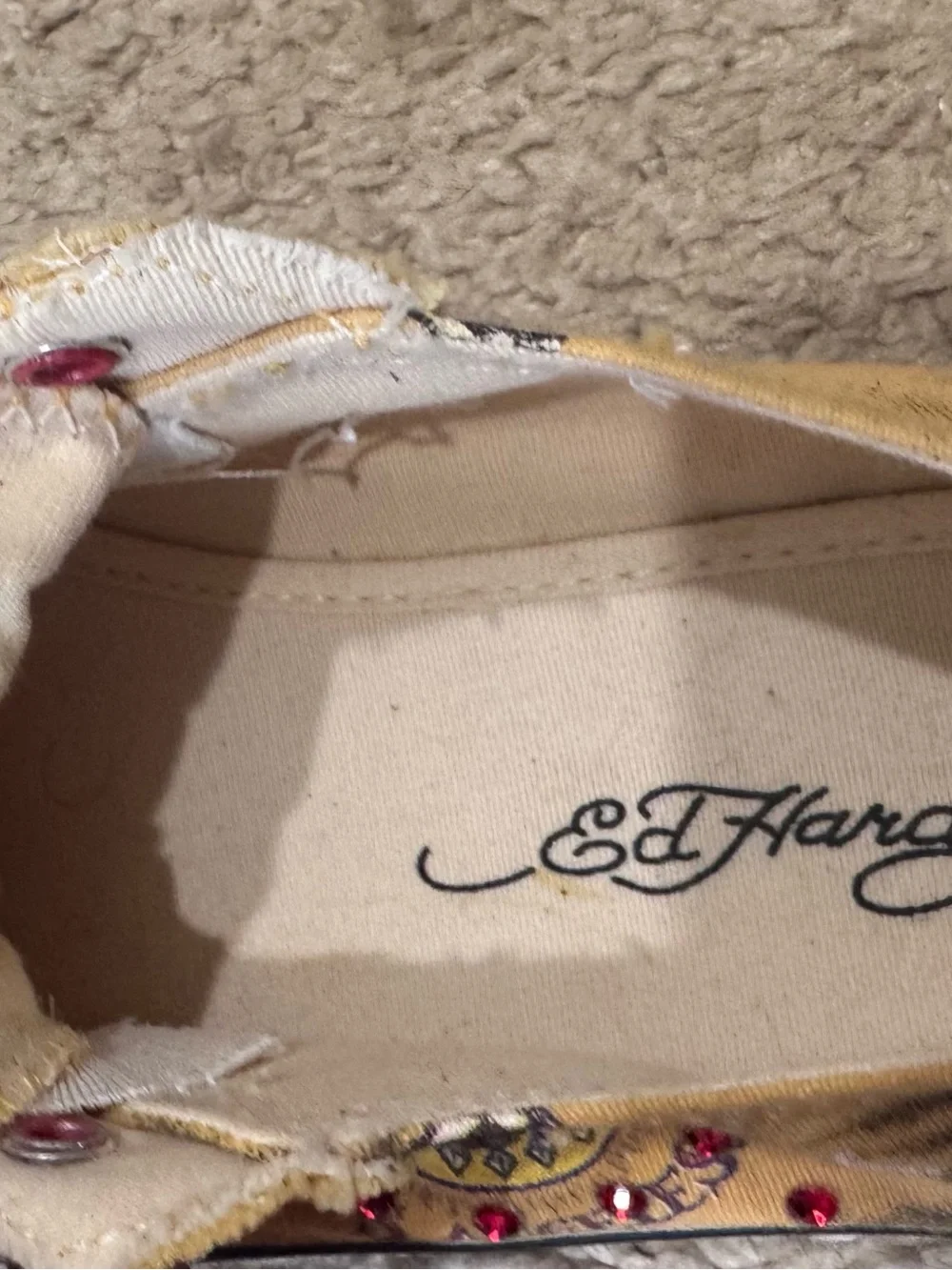Vintage Y2K Ed Hardy Yellow Canvas Laceless Slip-On Sneakers W/Crystals, Size 2